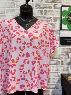 First Love Pink & Orange Leopard Print V-Neck Blouse